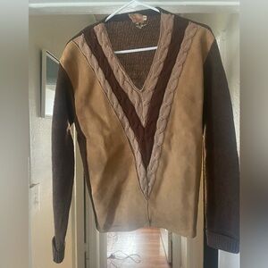 Vintage Sarby V-neck Wool and Suede Sweater.